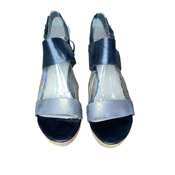 Franco Sarto Gardenia Size 10 M Black and Pewter Cork‎ Wedge Heel Sandals Shoes - Picture 6 of 11